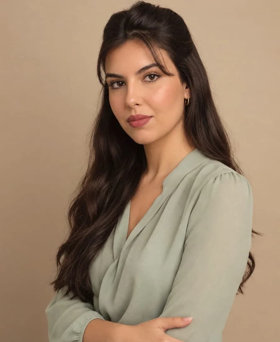 Kate Vieira, psicanalista, de braços cruzados diante de um fundo bege