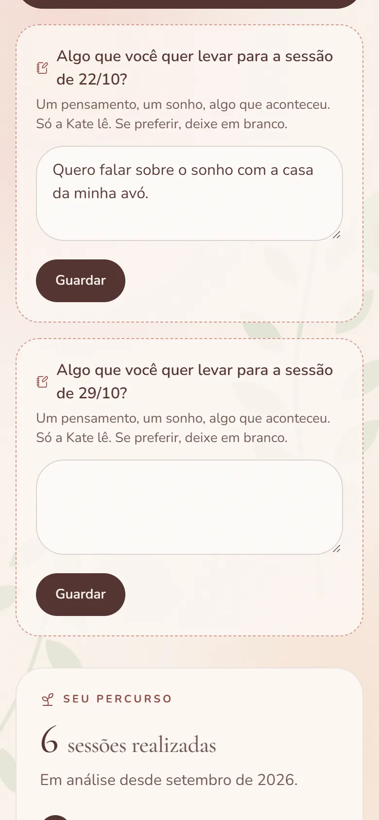 Área da paciente: espaço para anotar o que quer levar à sessão e o histórico