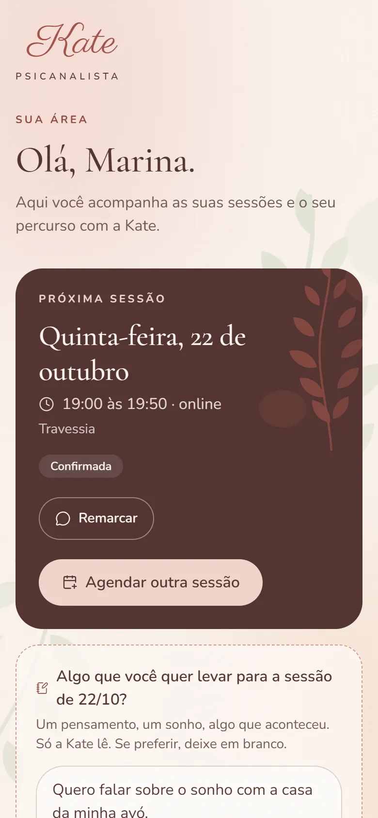 Área da paciente: próxima sessão confirmada, botão para remarcar e para agendar outra sessão