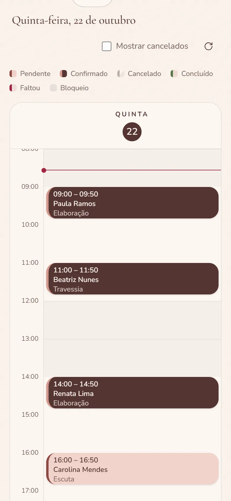 Agenda do dia no painel: quatro sessões de quinta-feira, 22 de outubro, com pacientes fictícias